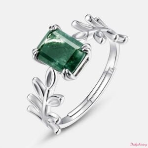 Moss Agate Ring with Botanical Leaf Design